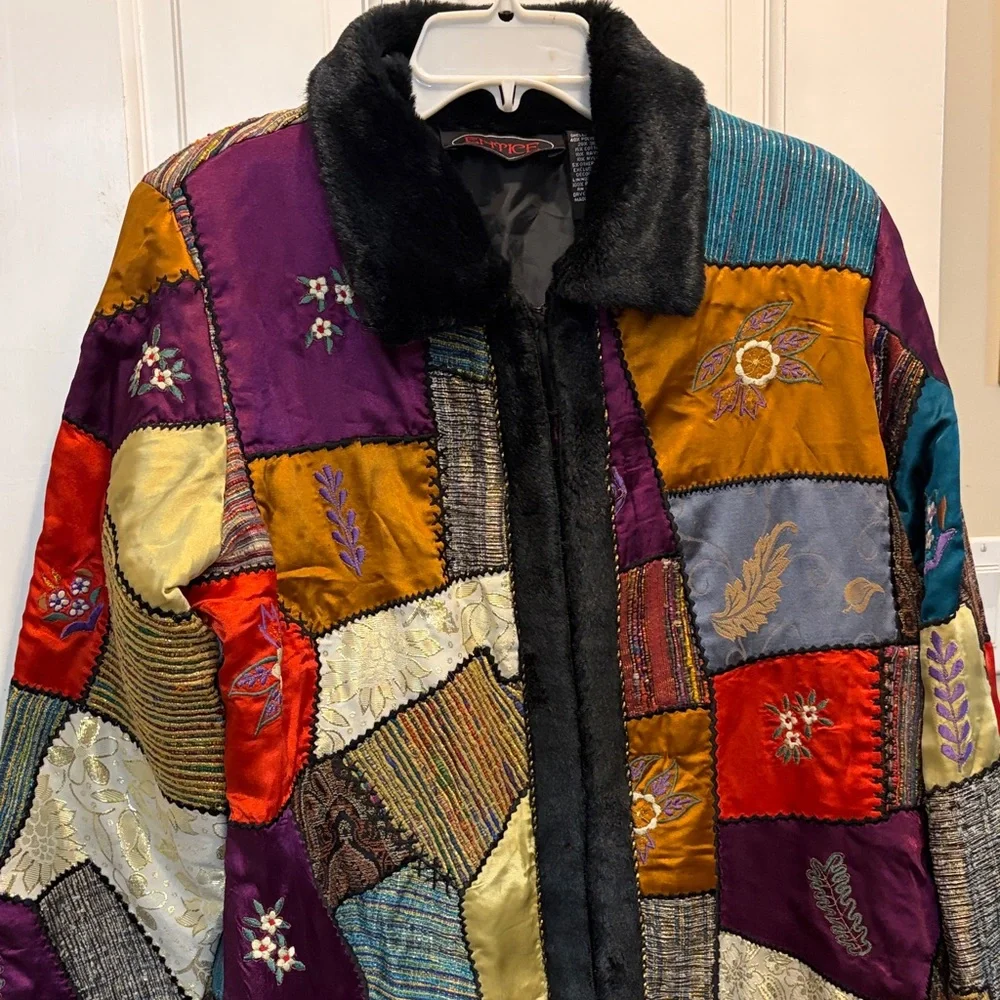 Vibrant Patchwork Vintage Mixed Media Coat - Art to Wear - Picture 9 of 15
